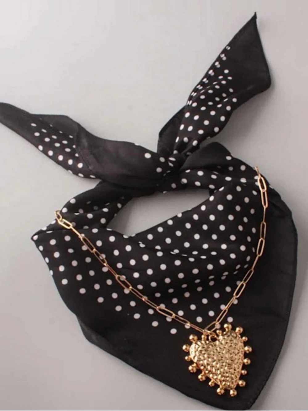 Black Polka Dot Neck Scarf & Gold Heart Pendant Necklace Set